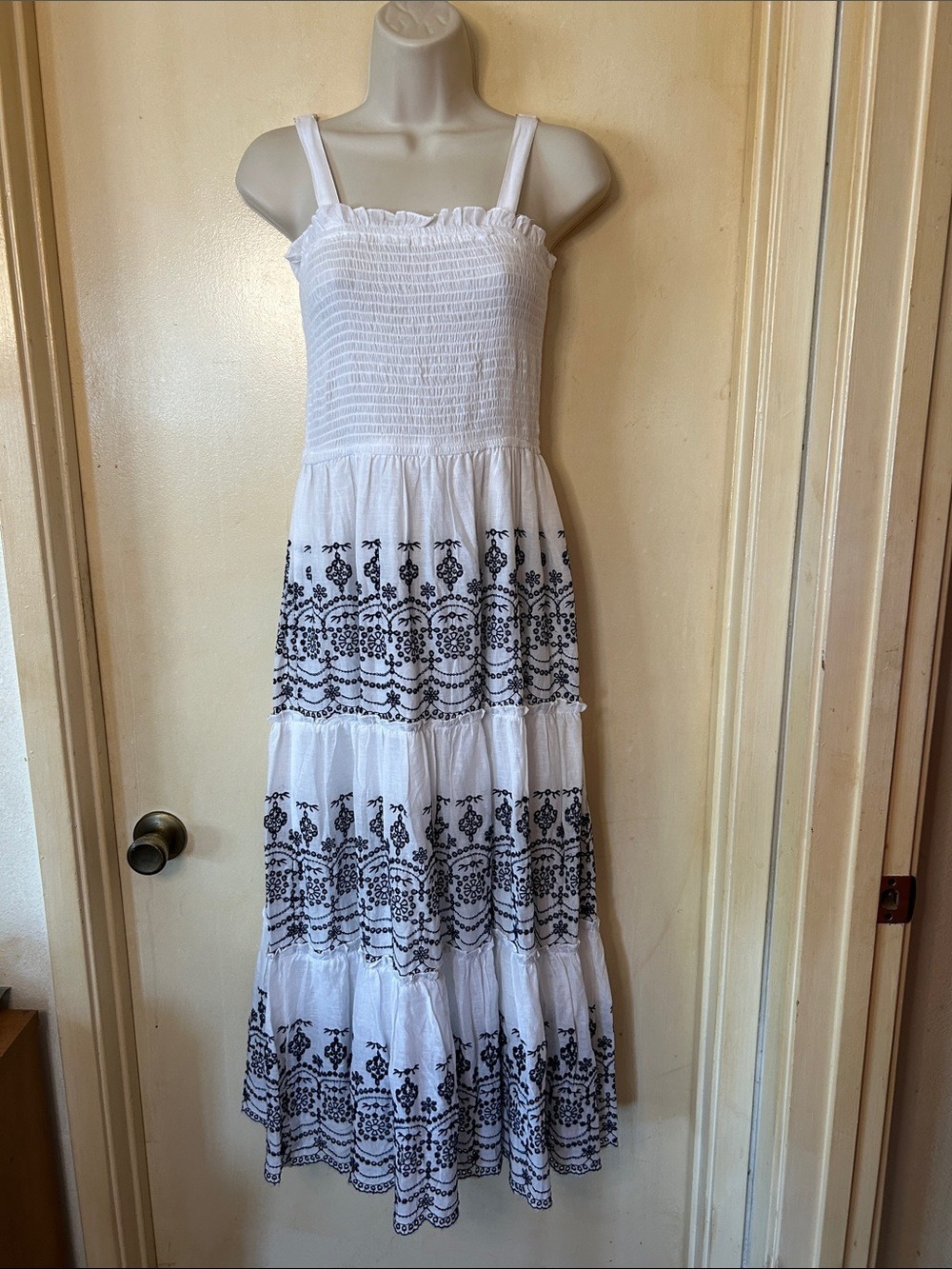 J Gee White Maxi Sundress with Black Eyelet Tiers  size M